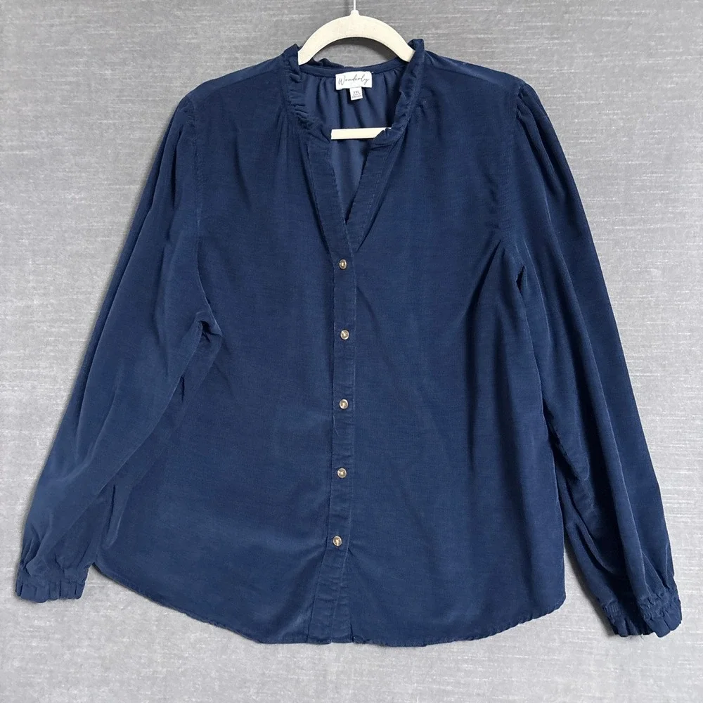 Wonderly Top XXL Blue Cotton Corduroy Ruffle Collar Button Down Casual Fall